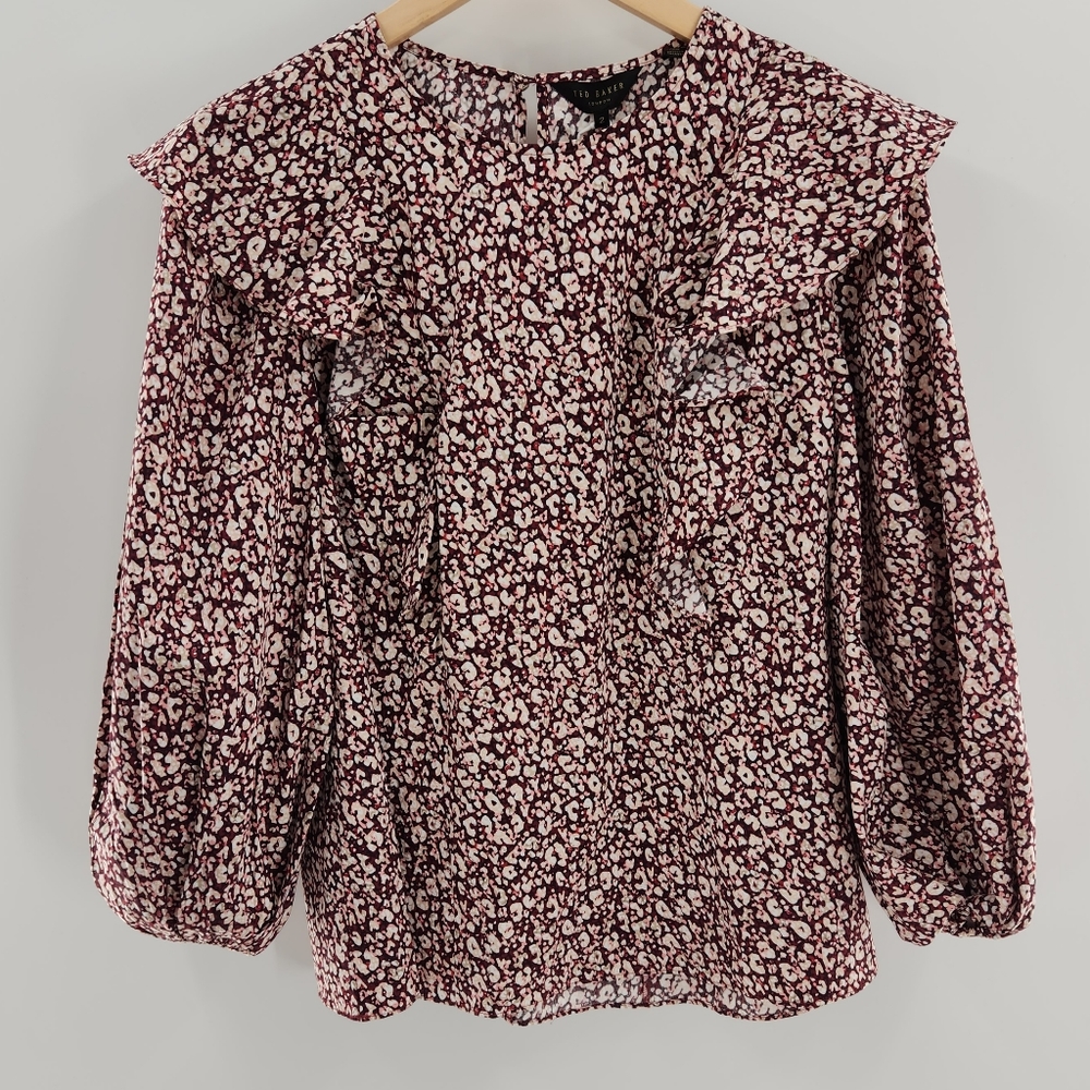 Ted Baker Sanjaa Animal Print Frill Detail Balloon Sleeve Top Womens Size Ted 2